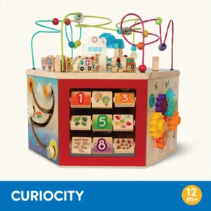 Battat curio city wooden activity center toy with 7 slides and bead maze.