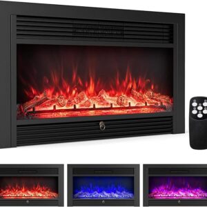 COSTWAY Electric Fireplace Inserts 36-inch Wide, 750W/1500W Wall Recessed and Freestanding Fireplace with 3 Flame Colors, 5 Brightness Settings, 8H Timer, Remote Control, Heater for Indoor Use