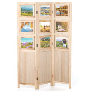 3 Panel Folding Privacy Screen with 9 Swivel Paulownia Wood Photo Frames