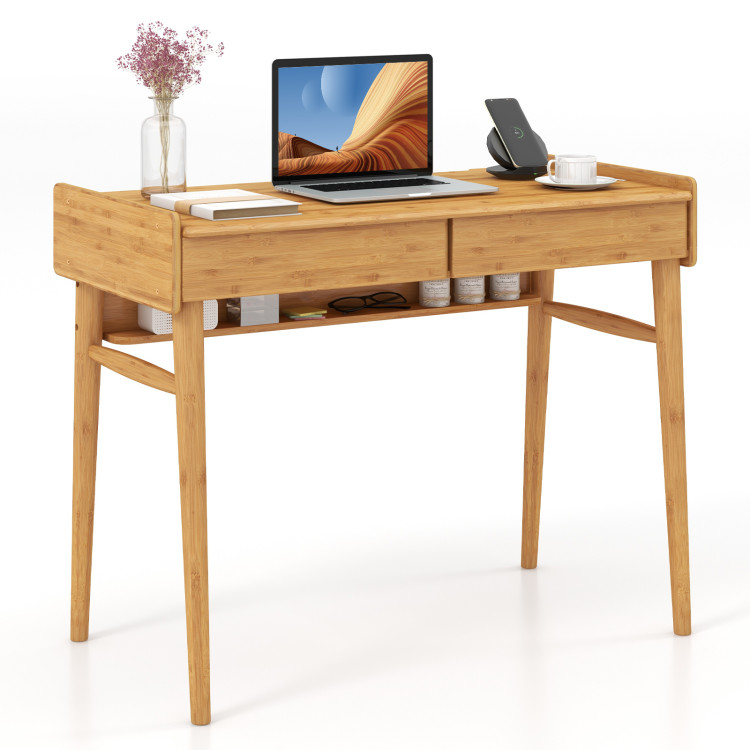 Bamboo Writing Desk with 2 Storage Drawers and Open Shelf