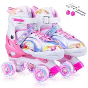 Bvivok Roller Skates for Girls Size (s), 12c to 1.5 4 Sizes Adjustable, with Light up Wheels (Snowflake Pink)