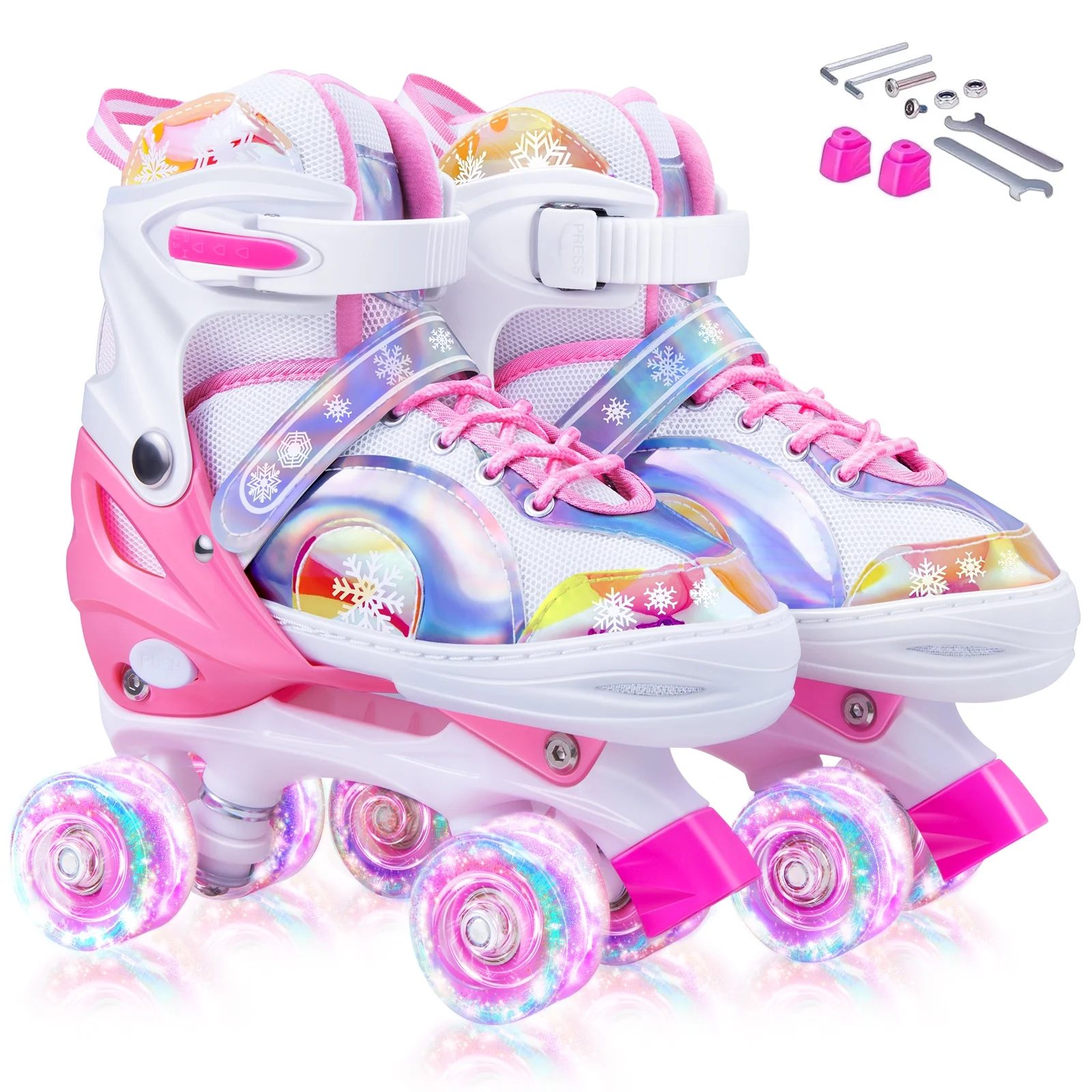 Bvivok Roller Skates for Girls Size (s), 12c to 1.5 4 Sizes Adjustable, with Light up Wheels (Snowflake Pink)