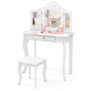 Kid Vanity Table Stool Set with Tri-Folding Mirror and 3-Color LED Lights retail $140