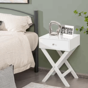 25.5 in. H x 18 in. W x 13.5 in. D White Side Nightstand with Drawer x Shaped Structure Accent Sofa End Table