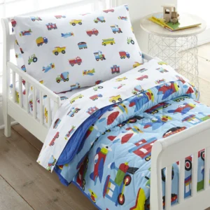 Wildkin Kids 4 Pc Toddler Cotton Bed in a Bag for Boys & Girls (Trains, Planes & Trucks Blue) retail $80
