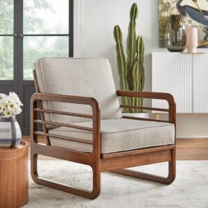 Lifestorey Divani Modern Armchair Latte: Rubberwood Frame, Removable Cushions