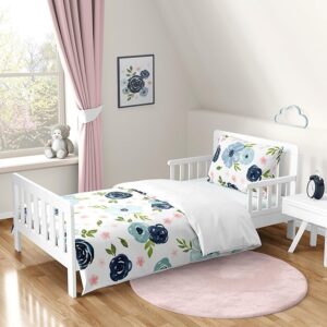 Sweet Jojo Designs Navy Blue and Pink Watercolor Floral Girl Toddler Kid Childrens Comforter Bedding Set - 5 Pieces Comforter, Sham and Sheets - Blush, Green, White Shabby Chic Rose Flower Polka Dot