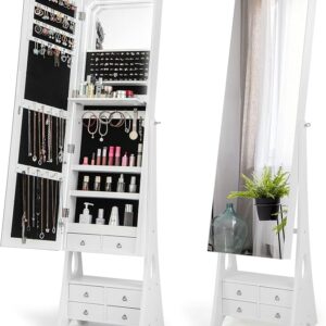 CHARMAID Jewelry Cabinet with LED Light Strip, Floor Jewelry Armoire with 62.5'' High Full Length Mirror, Vanity Mirror, Foldable Makeup Shelf, Jewelry Organizer Storage with 6 Drawers (White)