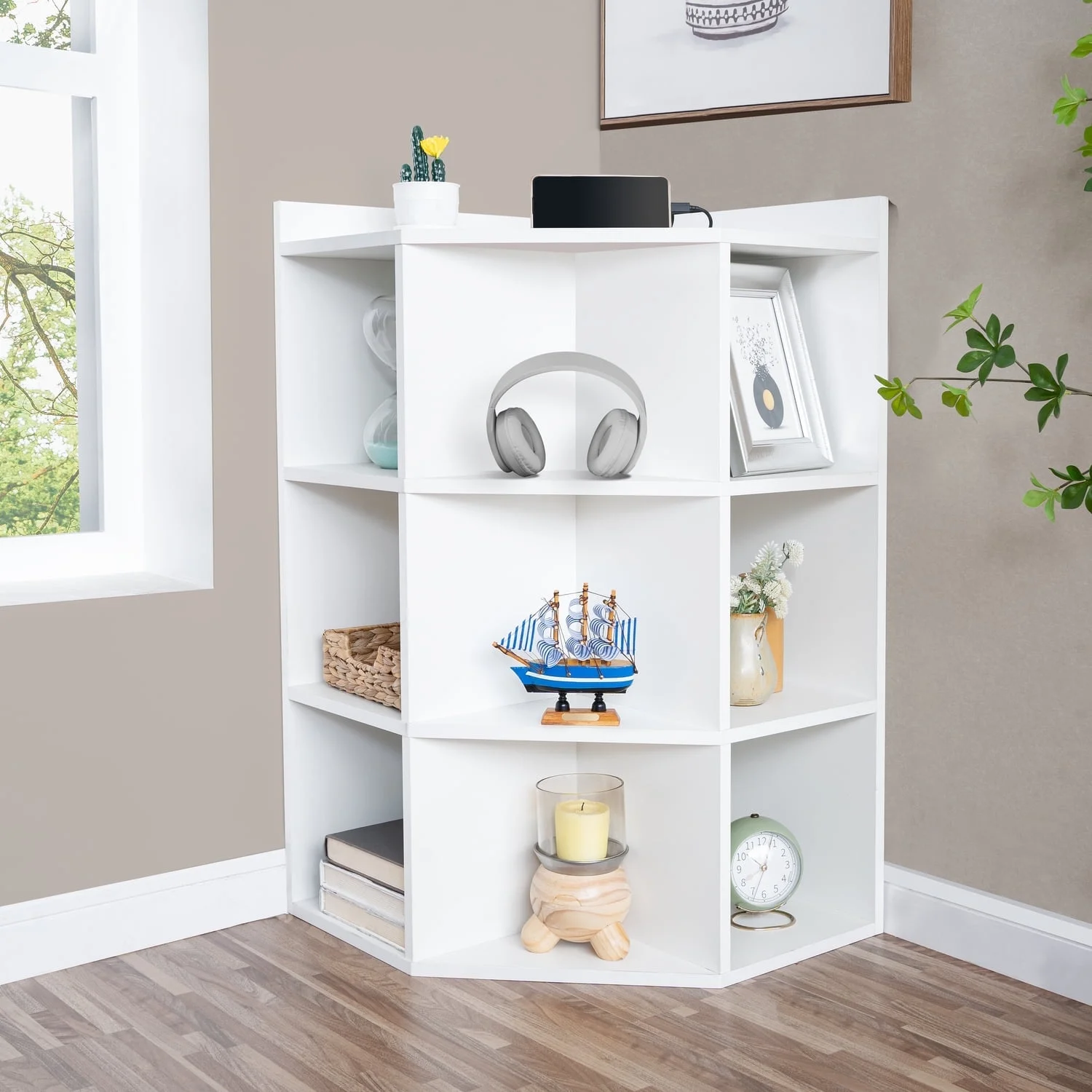 Naomi Home Dona Corner Wooden Storage Cabinet with USB Ports, White retail $122