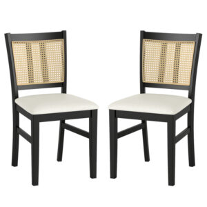 Farmhouse Rattan Dining Chair Set of 2 with Rubber Wood Legs and Cane Back