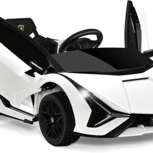 OLAKIDS Kids 12V Licensed Lamborghini SIAN Ride On Car, Electric Vehicle for Toddler with Control Remote, Battery Powered Toy with Music, Horn, 2 Speeds, Suspension, LED Lights, Bluetooth, USB (White)