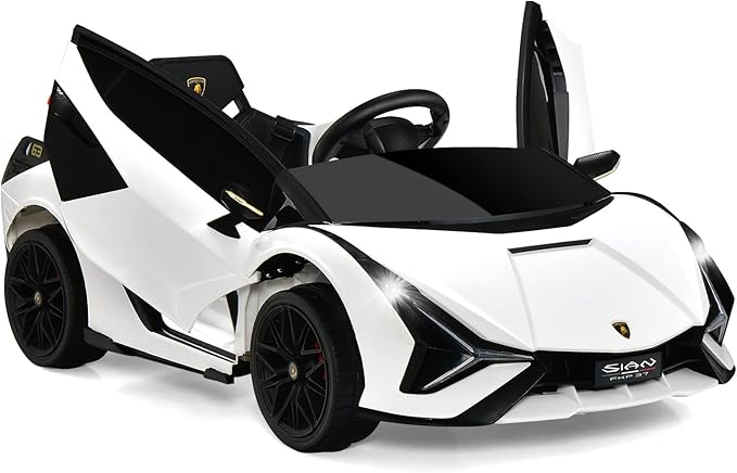 OLAKIDS Kids 12V Licensed Lamborghini SIAN Ride On Car, Electric Vehicle for Toddler with Control Remote, Battery Powered Toy with Music, Horn, 2 Speeds, Suspension, LED Lights, Bluetooth, USB (White)