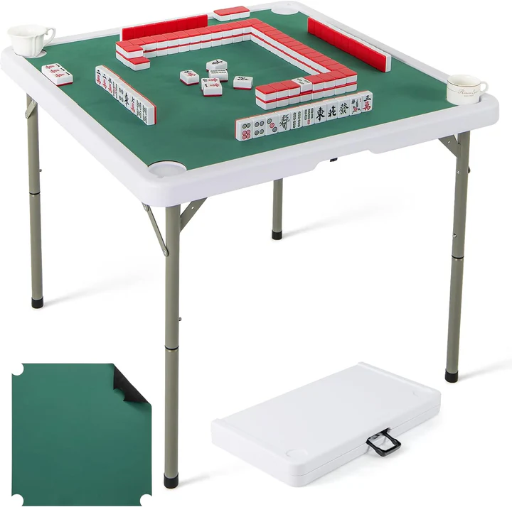 Goplus Mahjong Table, 35″ Square Folding Card Table w/4Cup Holders, Anti Slip Mat, HDPE Tabletop w/Removable Mat