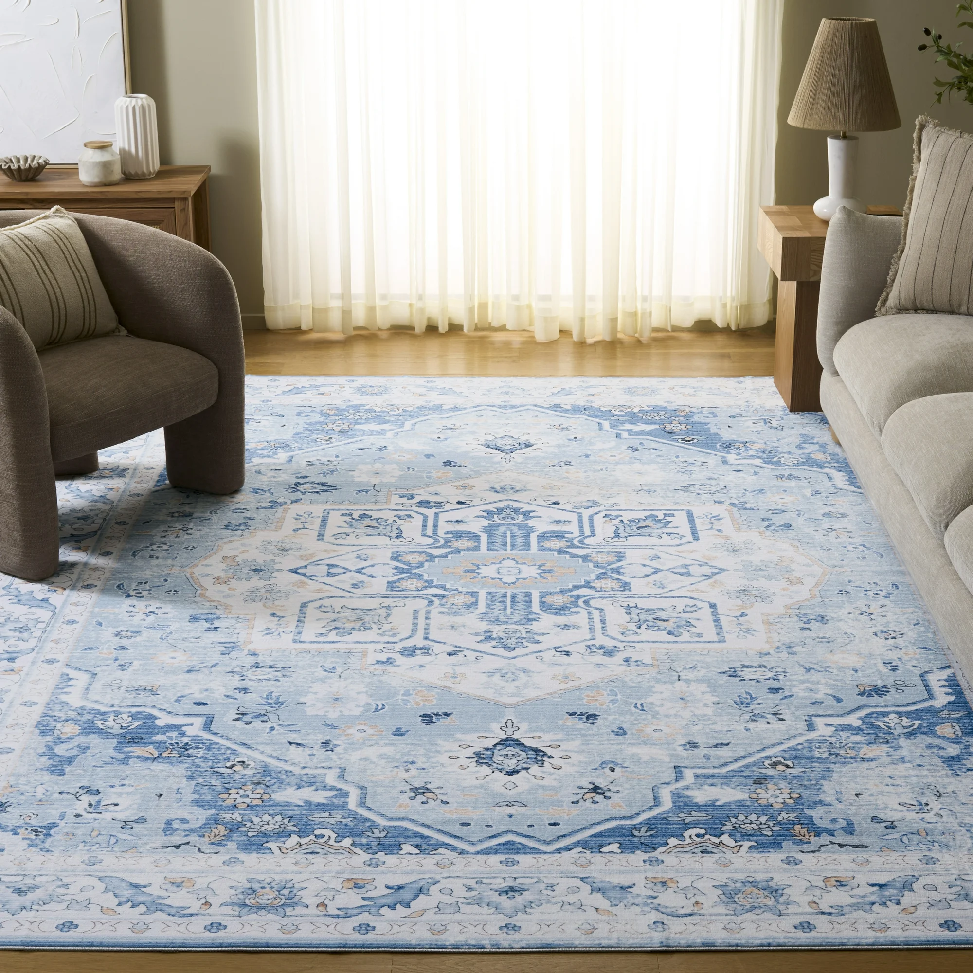 SAFAVIEH Arizona Thames Oriental Machine Washable Area Rug, Light Blue/Blue, 8′ x 10′