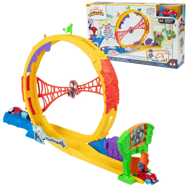 Marvel Spidey and His Amazing Friends Amazing Metals Super Loop Track with Spider Man Vehicle Set - 28-Inch Race Track with Launcher, 360 Degree Loop - Great Gift for Kids, Boys & Girls!