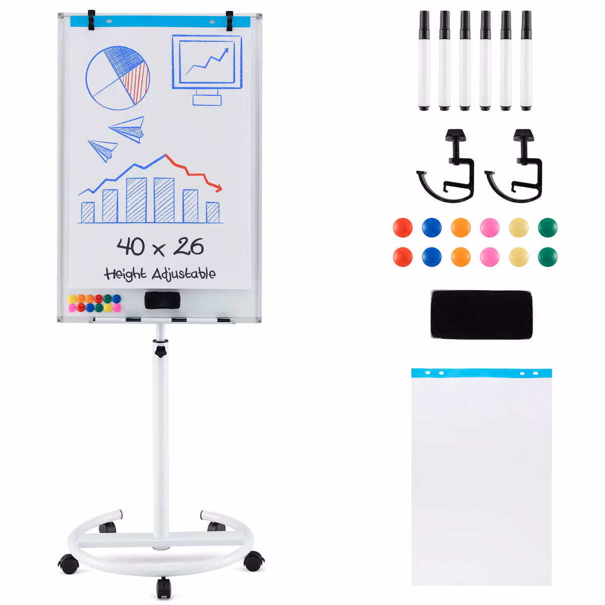 Costway Mobile Whiteboard 40″ x 26″ Height Adjustable Magnetic Dry Erase Board with Stand White