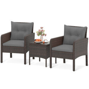 3 Pieces Patio PE Wicker Furniture Set with Cushions  for Porch and Balcony