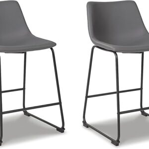Signature Design by Ashley Centiar Modern Faux Leather 23.75" Counter Height Bucket Seat Barstool, Tubular Metal Base, Footrest for Comfort, Set of 2, Gray
