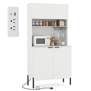64.5 Inches Tall Kitchen Pantry Cabinet with Charging Station and Wine Glass Rack
