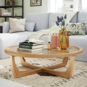 Beautiful by Drew Barrymore Round Rattan & Glass Top Coffee Table with Solid Wood Frame, Warm Honey Finish