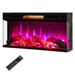 36 in. Freestanding Electric Fireplace in Black with 3-Sided Glass Display and Remote, Infrared Heating for 1000 sq. ft.