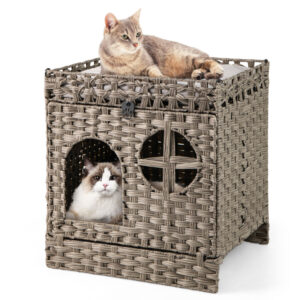 Foldable 2-tier Rattan Cat Litter Box Enclosure with Litter Mat