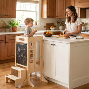 Foldable Toddler Tower with 2-Step Stool and Safety Net for 3+ Years Old