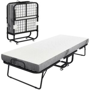 HOMCOM Folding Bed for Adults, Single Size, Portable Bed with Memory Foam Mattress & Steel Frame, Roll Away & Hideaway, White
