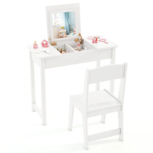 2-in-1 Kids Vanity Makeup Table and Chair Set with Flip Top Mirror