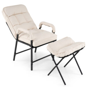 Linen Fabric Modern Accent Chair with Ottoman and Adjustable Backrest