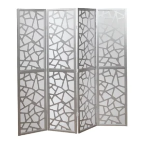 Roundhill Furniture Giyano Rice Paper/Wood 4-Panel Screen Room Divider in Sliver