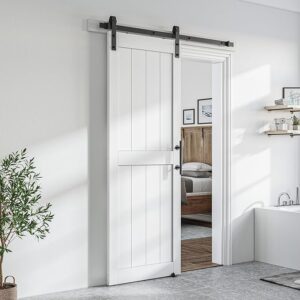 SmartStandard 24 x 84 inch White Sliding MDF Barn Door with 4FT Black Sliding Door Hardware Kit & Handle, Pre-Drilled Ready to Assemble, Waterproof PVC Coating, H-Frame