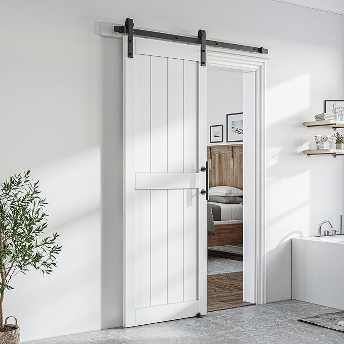 SmartStandard 24 x 84 inch White Sliding MDF Barn Door with 4FT Black Sliding Door Hardware Kit & Handle, Pre-Drilled Ready to Assemble, Waterproof PVC Coating, H-Frame