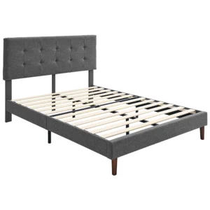 BIKAHOM Upholstered Platform Bed with Square Headboard, Queen, Dark Grey