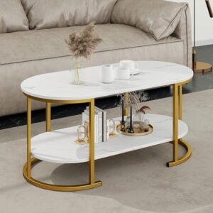 GOFLAME Oval Coffee Table with Storage, 2-Tier Center Table for Living Room with Faux Marble Top, Open Shelf, Metal Frame,