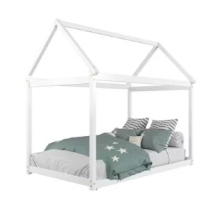 Costway Twin House Bed Wood Frame w/ Roof for Kids Toddler No Box Spring White