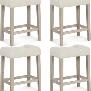 Giantex 24" Bar Stools Set of 4, Upholstered Counter Height Saddle Bar Stools with Footrest and Wood Legs, Farmhouse Button Tufted Backless Barstools for Kitchen Island
