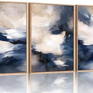 LNIUC Blue Beige Abstract Wall Art Set of 3(24x36), Navy Brush Stroke Modern Art Decor