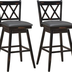 COSTWAY Bar Stool Set of 2, 360 ° Swivel Bar Height 29.5 inch Bar Stool with Foot Rest Upholstered Cushion & Ergonomic Backrest, Sturdy Frame, for Pub, Restaurant, Home (2, Black + Grey)