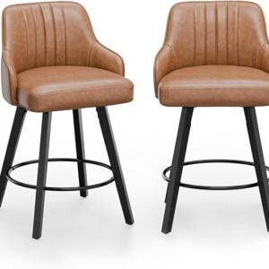 VINGLI 26" H Swivel Barstools Set of 2, PU Leather Upholstered Counter Stool with Back, Kitchen High Chairs Counter Height Bar stools with Cushion, Solid Wood Legs, Brown
