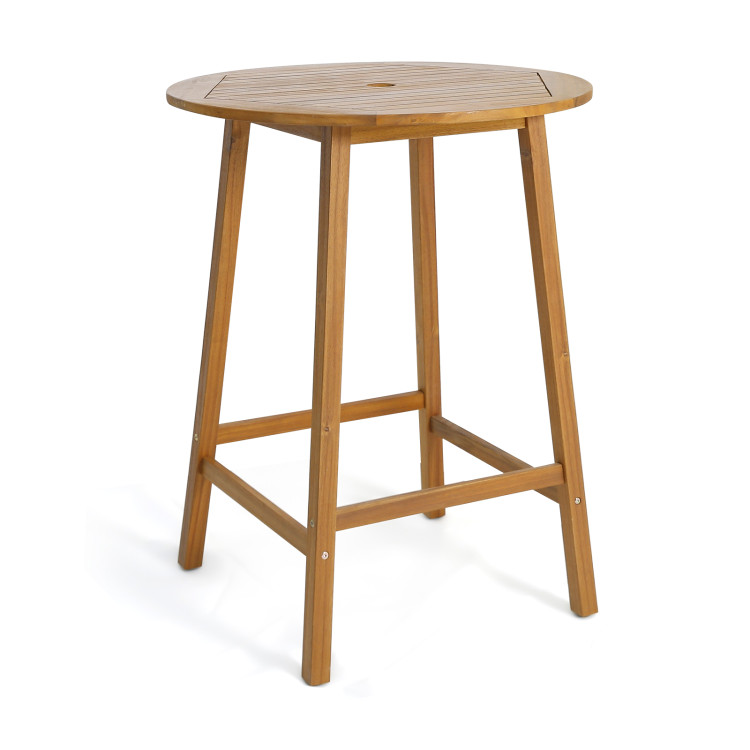 Bar Height Table with Umbrella Hole and Slatted Tabletop for Outdoors