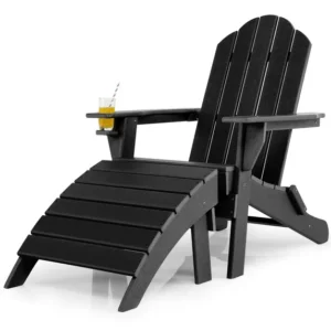 Costway HDPE Patio Folding Adirondack Chair Ottoman Set Footrest All-Weather Black