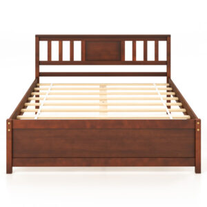 Wooden Platform Bed with Headboard and Wood Slat Support