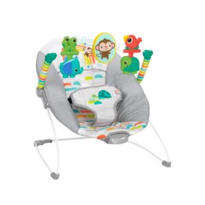 Bright Starts Playful Paradise Vibrating Baby Bouncer with Toys: Detachable Toy Bar, Machine Washable Seat Pad, Calming Vibrations, 3-Point Harness