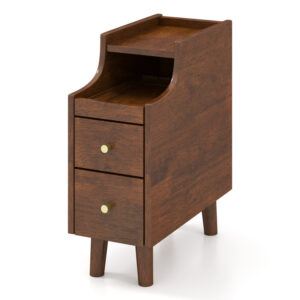 Solid Wood Night Side Table Narrow Bedside Table Nightstand with Pull-out Tray and 2 Storage Drawers