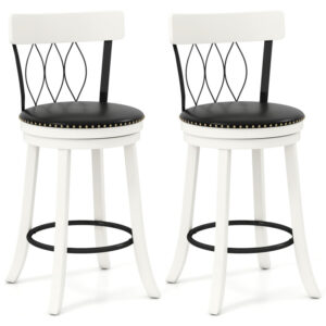 Set of 2 Bar Stools Swivel Bar Chairs with Footrest Rubber Wood Frame and Tufted Rivets