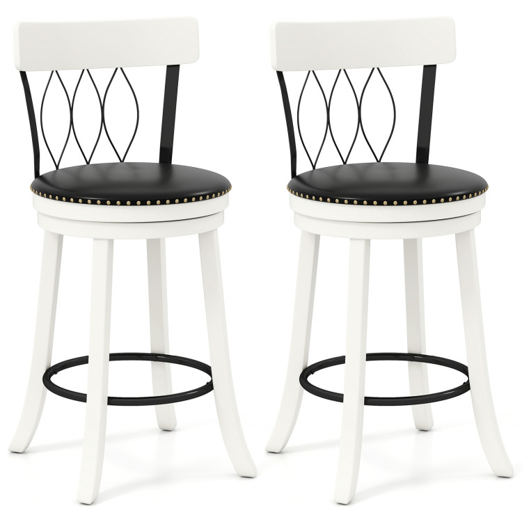 Set of 2 Bar Stools Swivel Bar Chairs with Footrest Rubber Wood Frame and Tufted Rivets