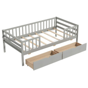 Twin Daybed with Fence and 2 Drawers Kids Bed for Boys & Girls