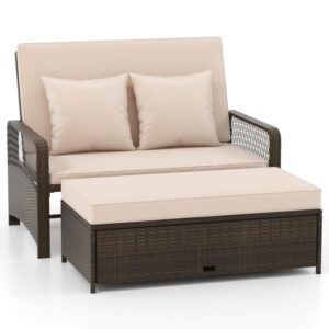 Patio Adjustable Wicker Daybed with 4-Level Backrest and Soft Cushions