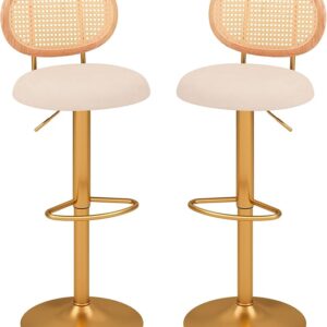 COSTWAY Modern Rattan Bar Stools Set of 2, Swivel Counter Stools w/Rattan-Woven Back, Velvet Upholstered Seat, Height Adjustable Bar Chairs w/Golden Metal Base, Footrest for Kitchen, Dining Room